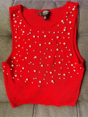 Red Embellished Pearl Rhinestone Sleeveless Crop Knit Top